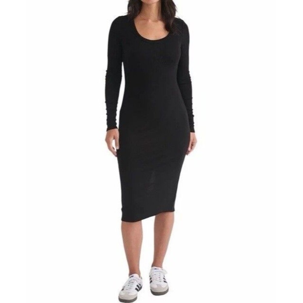 Marine Layer Lexi Rib Midi Dress Knit Long Sleeve Scoop Neck Tensel Green Sz S